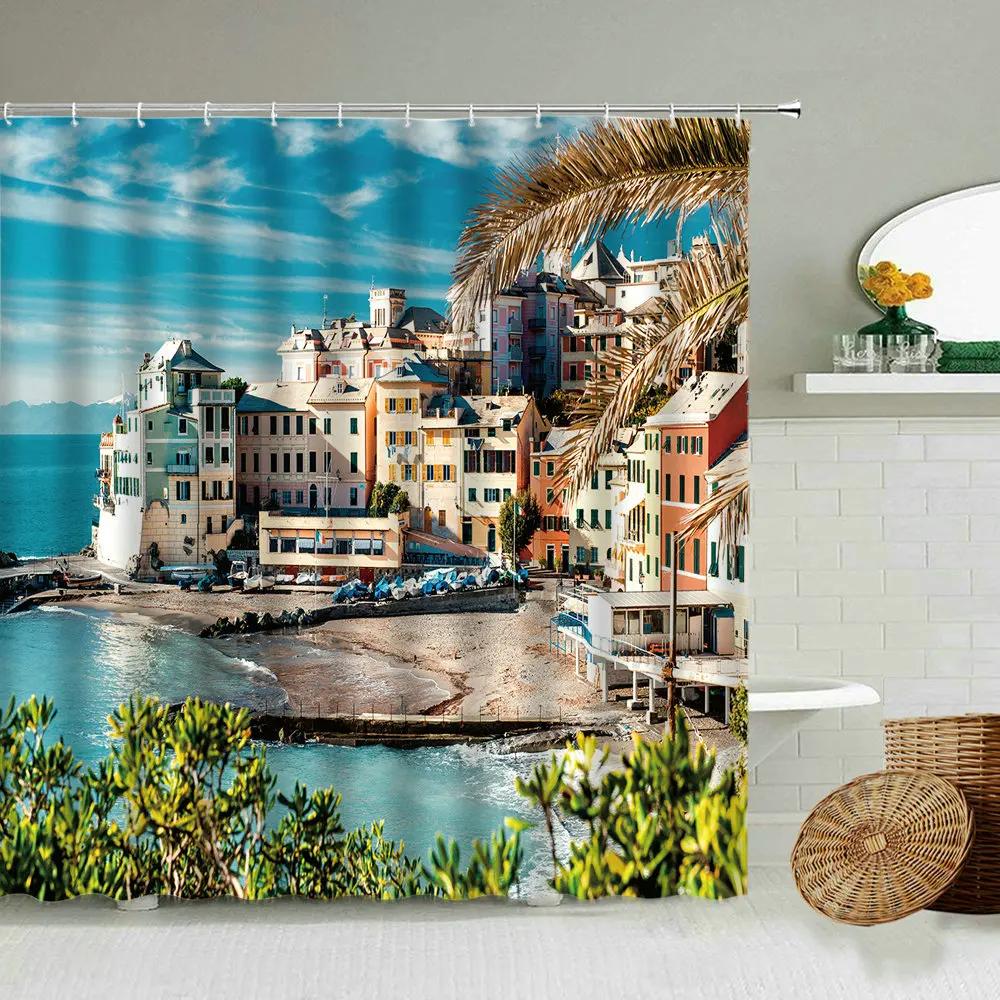 European Seaside Village Scenery Shower Curtain Nature Landscape Bathroom Accessories Decoration Bathtub Screen With Hooks