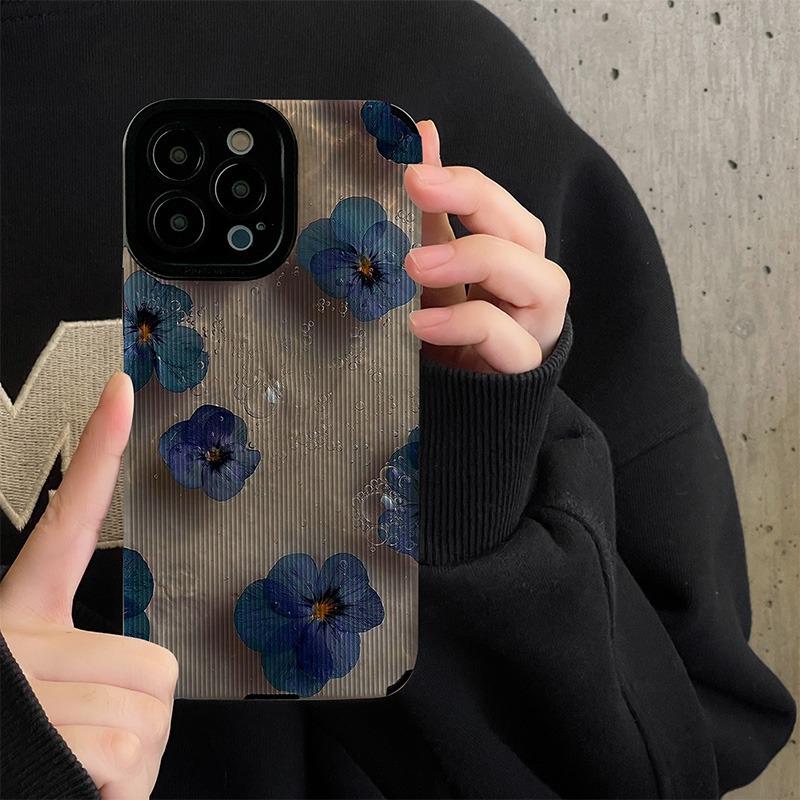 Blue camellia is suitable for Apple iphone14promax mobile phone case, new premium 13 toothpick pattern 12 Korean style.