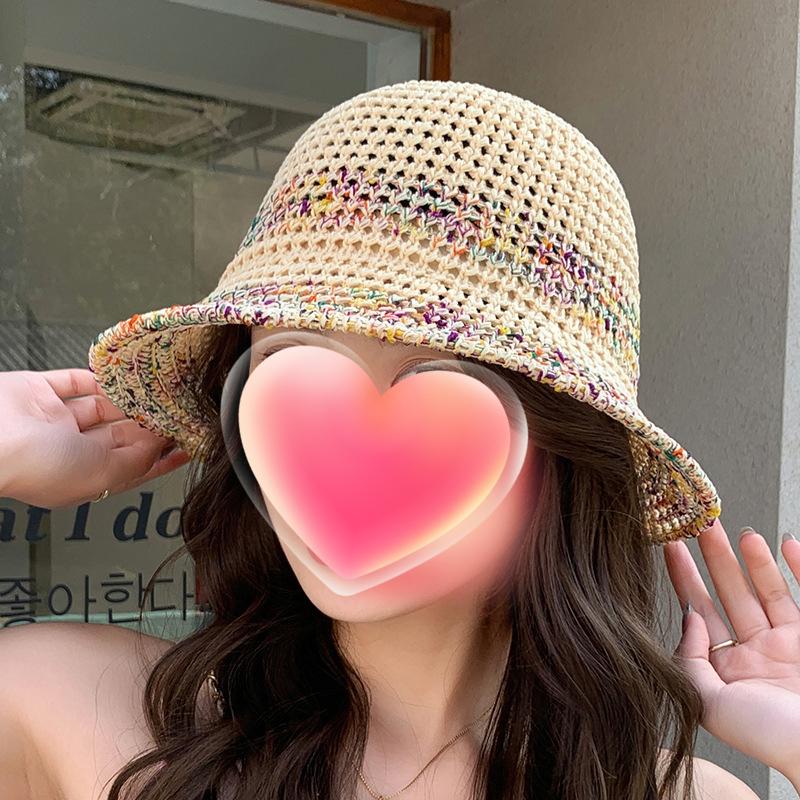 

Женская вязаная радужная градиентная шляпа с прорезями, шляпа-панама с широкими полями для защиты от солнца, шляпа для рыбалки для активного отдыха, для повседневного использования бежевый