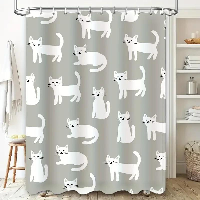 White Cat Shower Curtain Cute Bathroom Decor Set For Kids Bath Room Waterproof Fabric Home Decoration