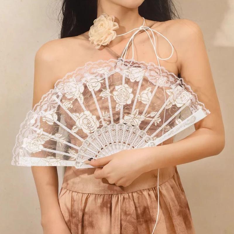 Chinese Style Folding Fan Lace Dance Fan Photo Props Embroidered Decorative Hand Fan Ornament Wedding Party Favor Gift  Hand Fan