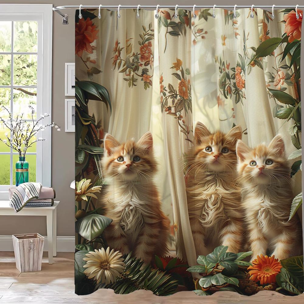 1 Piece Cute Cat in Hammock in the Garden Shower Curtain, Bathroom Curtain with Hooks,Printed Polyester Home Decorative Curtain
