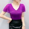New European Women's T-Shirt Clothes Sexy V-Neck Chic Ruffles Hot Diamonds Tops Shirts Summer Short Sleeve Slim Mesh Tees