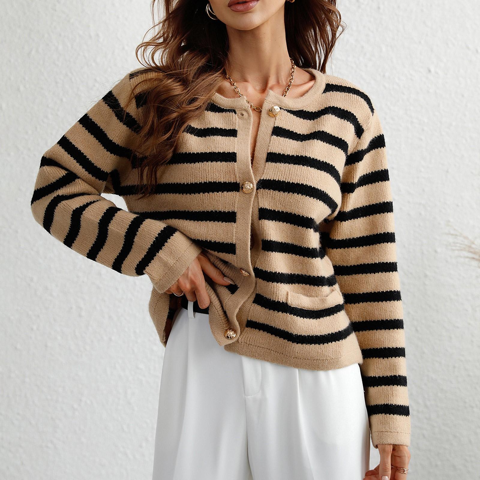 

Женский осенне-зимний вязаный кардиган в полоску на пуговицах, свитер с длинными рукавами M хаки