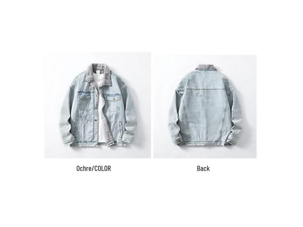 2025 Men's Autumn/Winter Denim Jacket with Faux Rabbit Fur Collar, Cotton Texture, Fleece-Lined, Washed Finish.