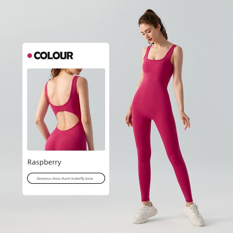 

With Chest Pad Export Fashion Nude Feel Yoga Jumpsuit Medium Tenacity Sports Workout Sexy One-Piece Bodysuit Spring and Summer Raspberry L