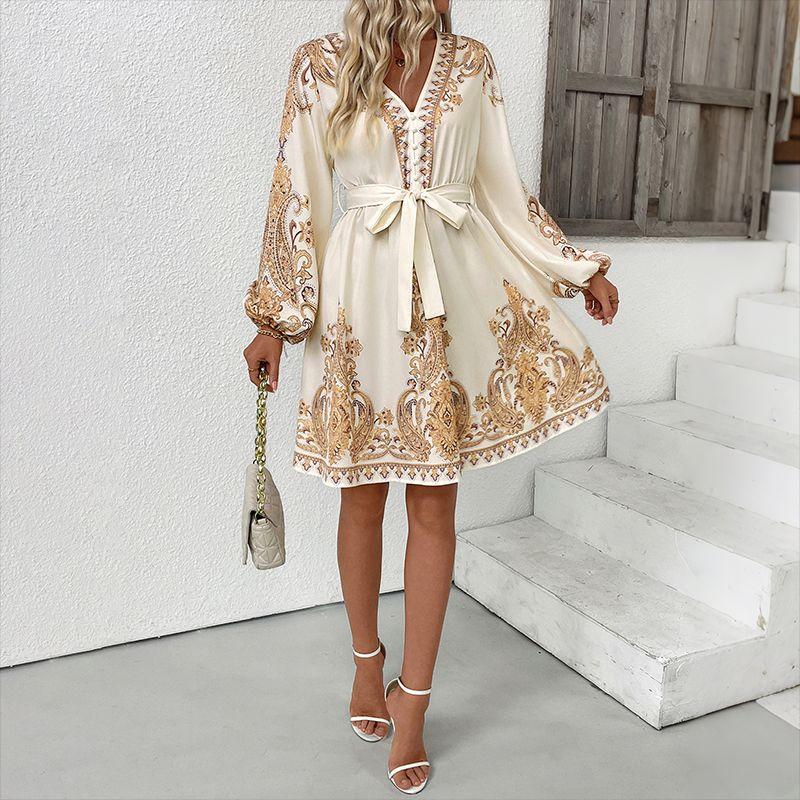 

Fashion Women Dress Print Ladies Skirt Ethnic Retro V-neck Print Dress Apricot color XL