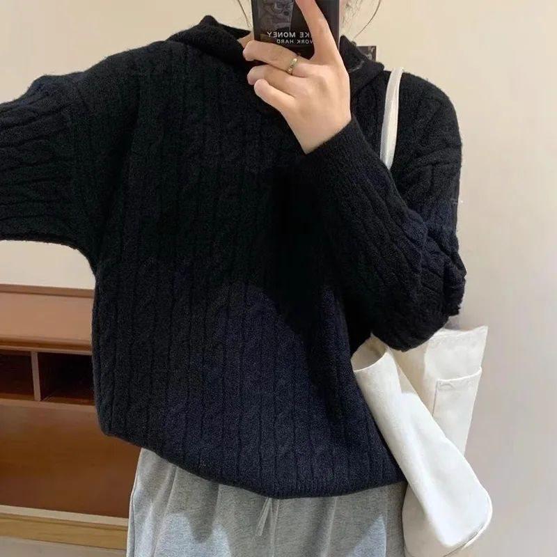 Women's Retro Korean-Style Cable Knit Hooded Sweater - Autumn/Winter Fashion