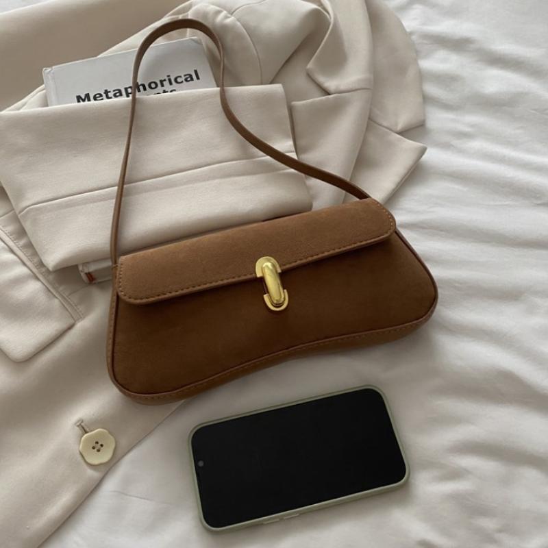 Vintage Faux Suede Shoulder Bags For Women Lock Decoration Small Underarm Bag Versatile Trendy Pillow Bags