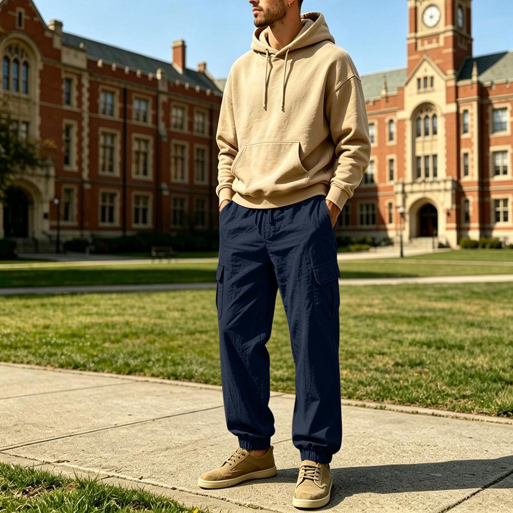 Men's Lightweight Cotton Linen Cargo Pants Loose Fit Multi Pocket Jogger Style Elastic Waistband Drawstring Adjustable Ankle Cuffs