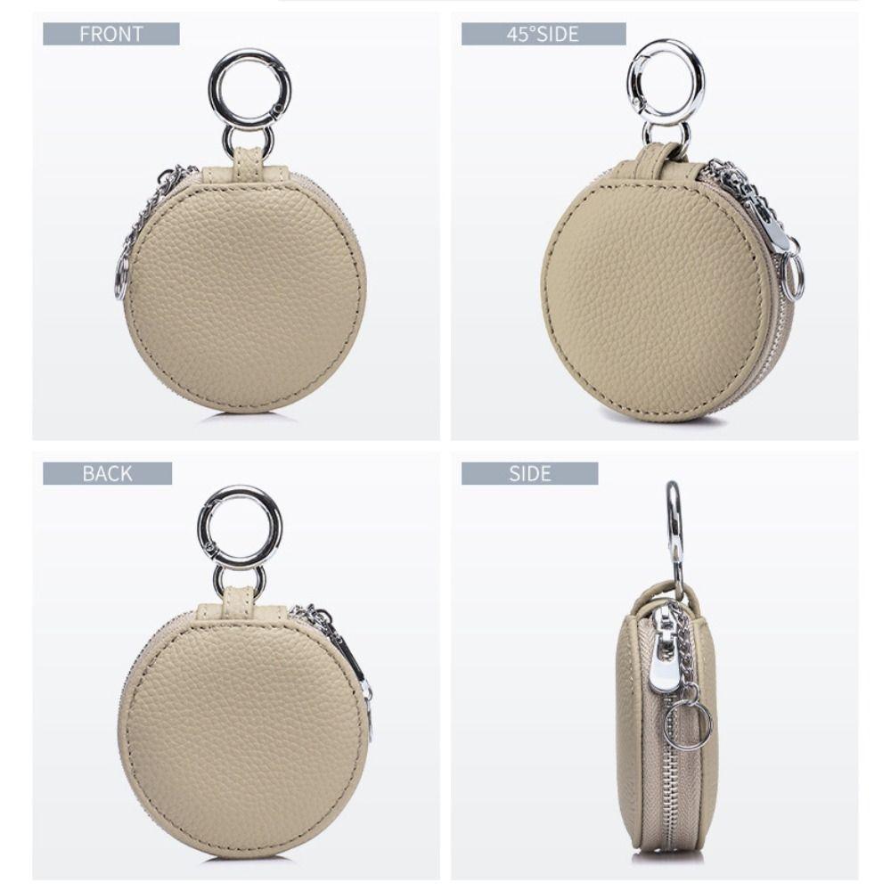 Genuine Leather Coin Purse Bag Pendant Decor With Mirror Round Wallet Keychain Zipper Closure Lipstick Storage Bag Bluetooth