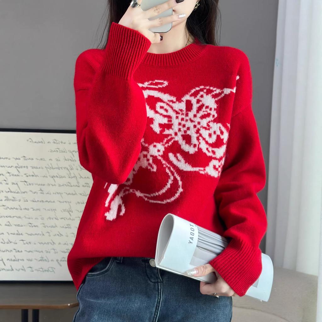 Autumn And Winter New 100 Wool Sweater Women'S Round Neck Loose Lazy Wind Sweater Knitted Bottoming Shirt Top Shirt