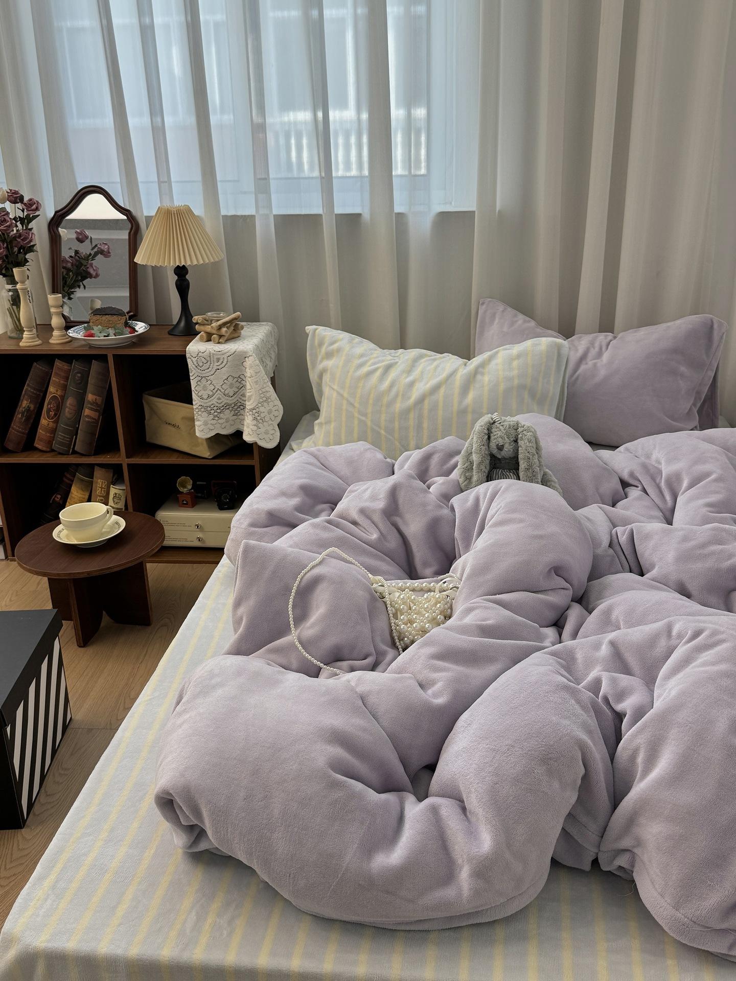 

Milk Taro Polka Dots, Girl Warm Thickened Milk Fleece Four-Piece Set, Coral Fleece Bed Sheet Three-Piece Set 1.2m sheet 3pc/quilt cover 150 * 200