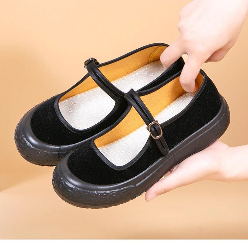 Cloth Shoes Women's Shoes Black Work Shoes Medium Old Mother Shoes Dance Shoes Flat Heel Platform One-word Buckle Shoes