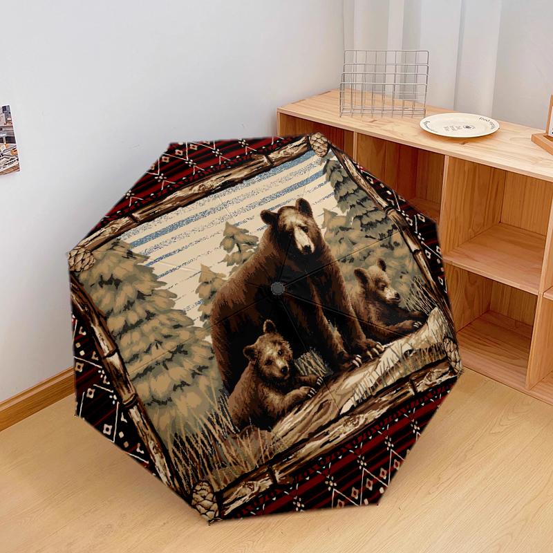 1 PC Automatic Folding Umbrella - Retro Brown Bear Pattern, Portable & Foldable Design with 8 Ribs, Christmas Birthday Gifts