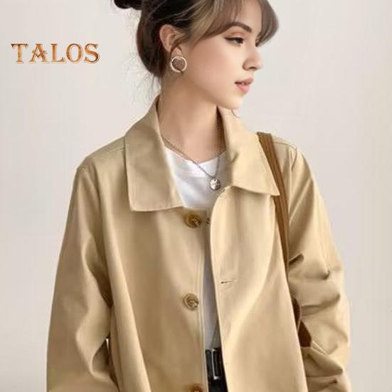 Damenjacke mit Umlegekragen, langen Ärmeln, geknöpfter Windbreaker, weite Taschen, mittlere Länge, Outdoor-Reise-/Pendlermantel