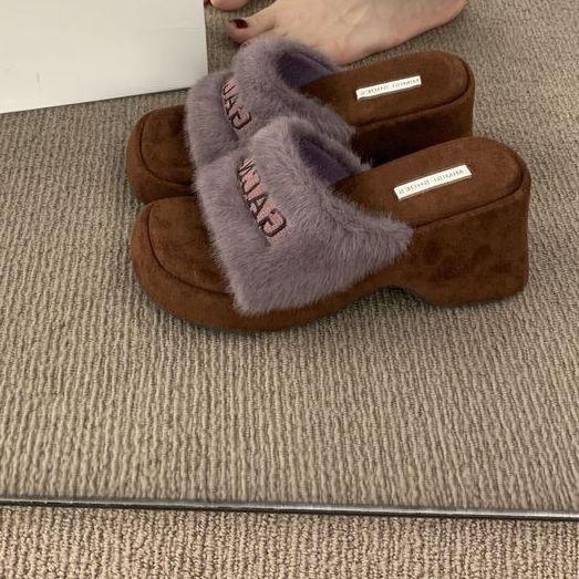 Internet celebrity explosion fairy wind letter word with mink hair hair slippers women wear thick-soled wedge heel heightening cotton shoes
