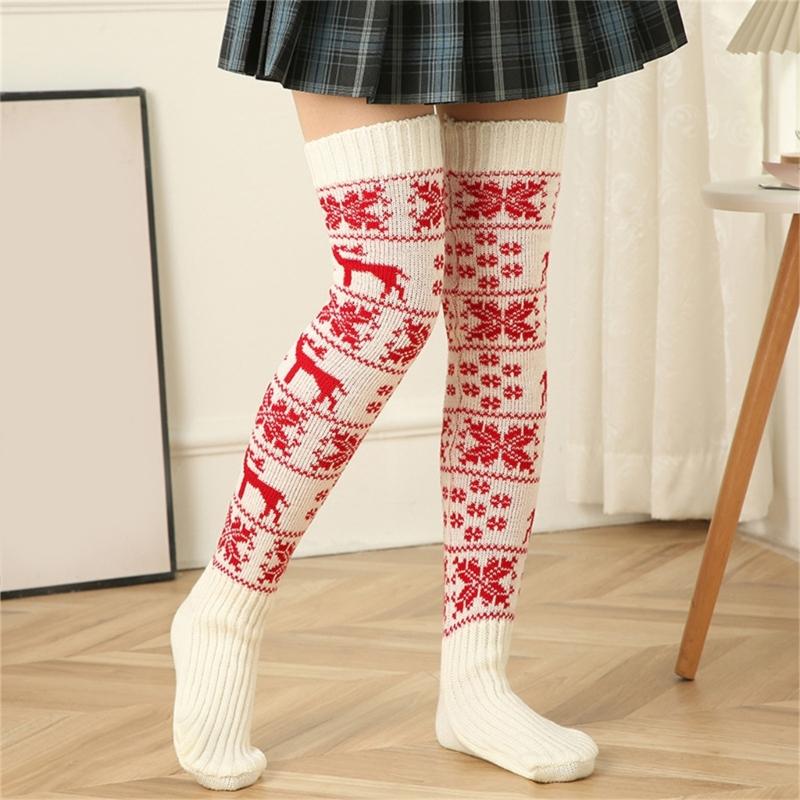 Christmas Festival Patterned Thigh High Socks Womens Winter Fashion Knitted Over Knee Long Stockings Leg Warmers Hosiery