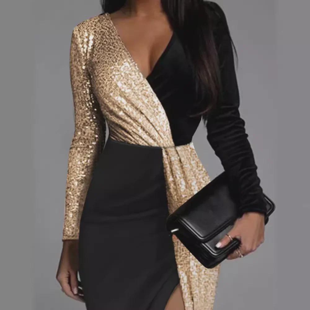 2025 Spring/Summer High-Waist Gold & Black Sequin Dress