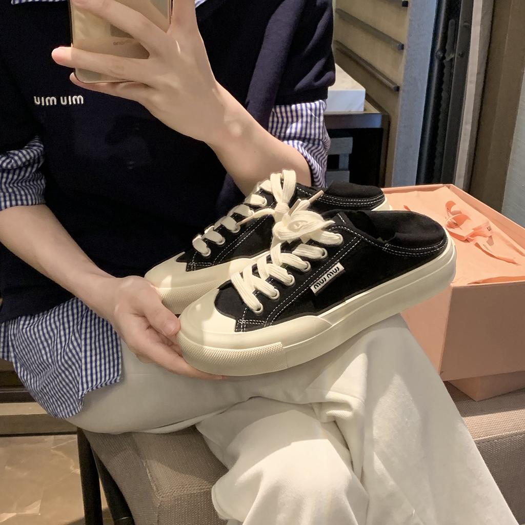 Sheepskin Version~ Leather Round Head Lace-up Breathable Stepping Heel Casual Canvas Shoes Women's 2025 New Board Shoes Little White Shoes