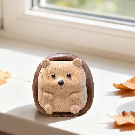 Hand-Carved Hedgehog Figurine Miniature Wooden Forest Animal Statue Rustic Collectible Hedgehog Sculpture for Living Room Home Desk Shelf Decor