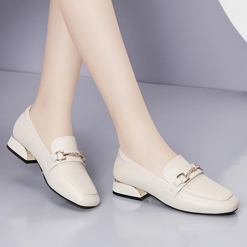 Loafers Women's Leather Thick Heel Autumn Small High Heel Single Shoes One Pedal Versatile British Style Small Leather Shoes