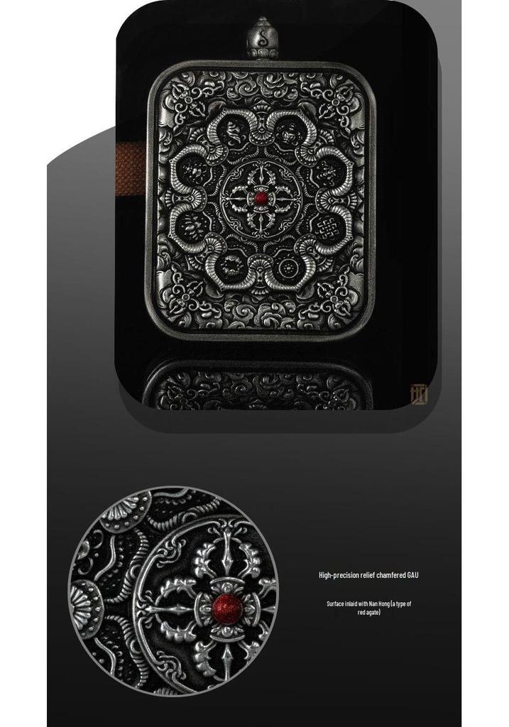 Authentic Sterling Silver & Brass Eight Auspicious Symbols Pendant Thangka Ga'u Box with Exquisite Relief from Nepal