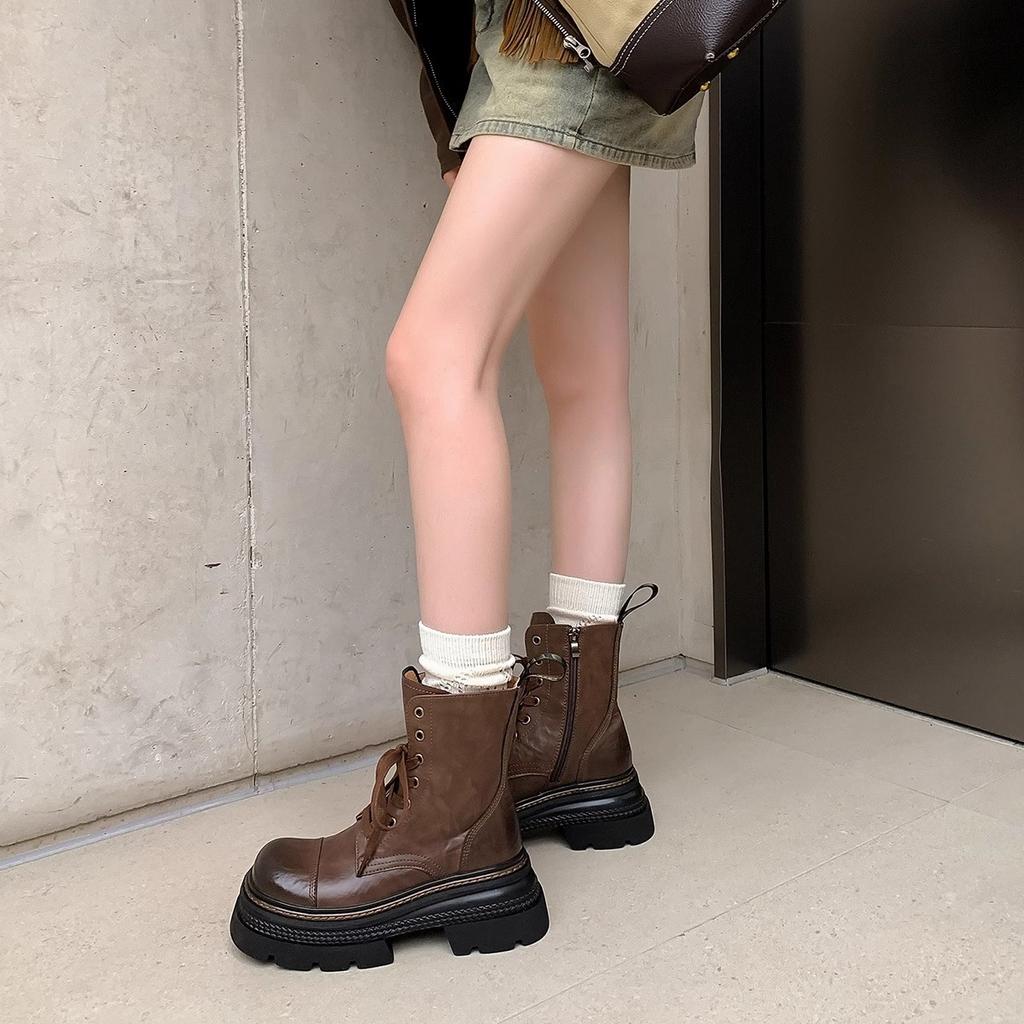 Soft leather version~ Super cool heightening 7cm thick-soled Martin boots for women's 2024 autumn models, polished and washed locomotive 
