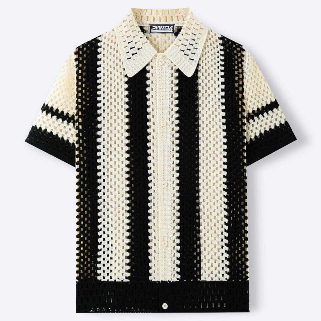Men's Casual Knitted Short Sleeve Shirts Button Down Crochet Hollow Out Shirt Top Summer Vacation Vintage Knit Golf Beach Collared Shirts Tops for Men