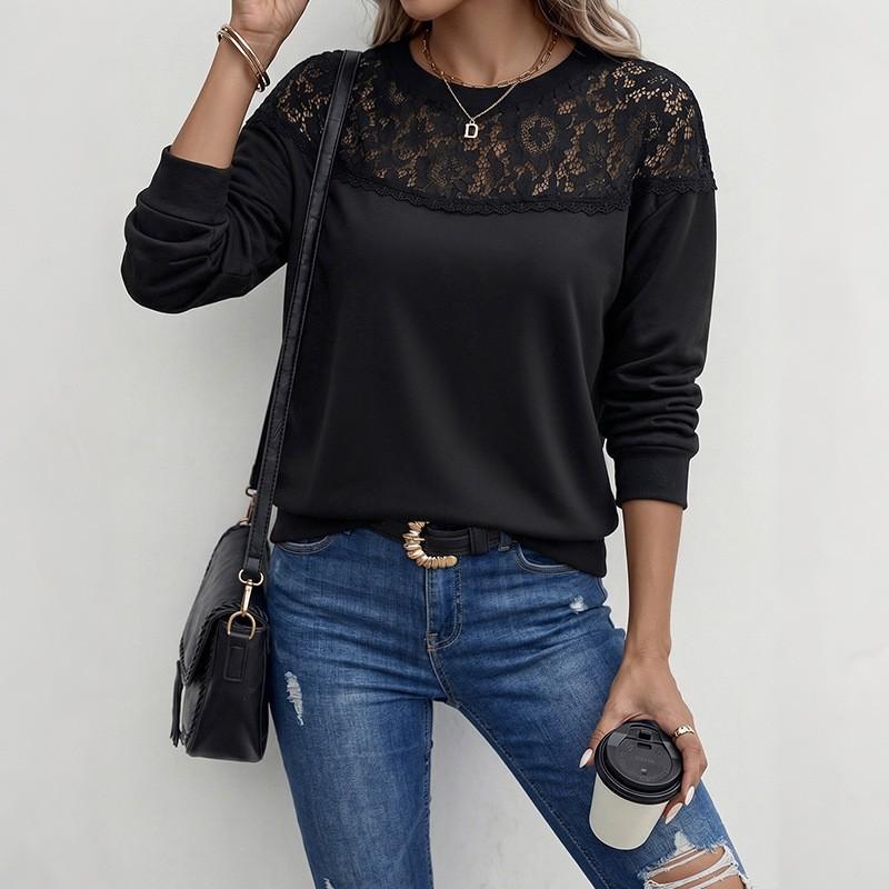 Womens Loose Long Sleeve T-Shirt With Lace Cutout Detail Fall Winter 2026 Elegant Casual Top