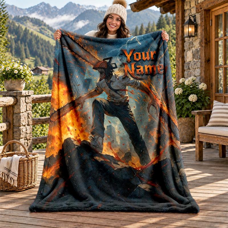 Chainsaw Man Custom Name Flannel Blanket Personalized Soft Warm Plush Throw Blanket Customized Gift for Family Friends