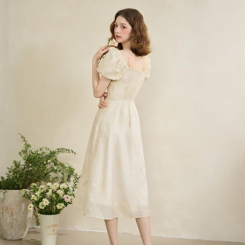 Textured Embroidered Square-Neck Puff Sleeve Long Dress