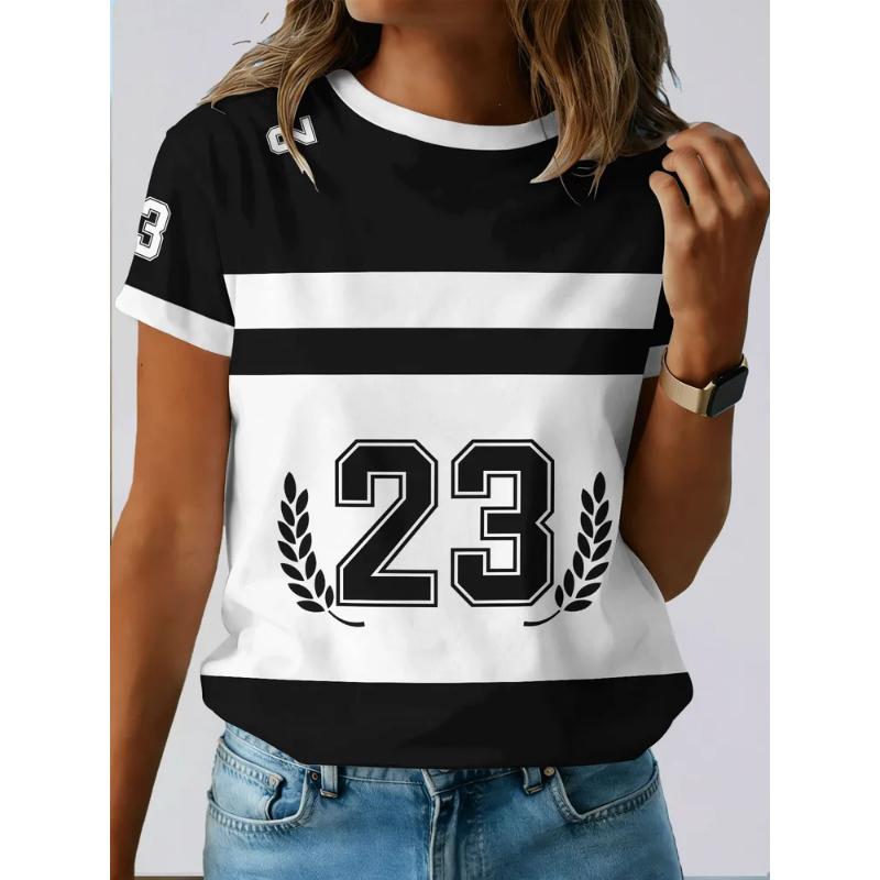 Moda Donna Girocollo Manica Corta Stampa Colore 3D Casual T-shirt Casual a Manica Corta Girocollo