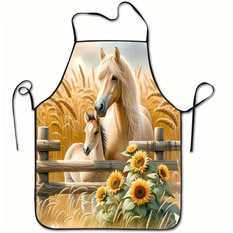 1pc Horse & Sunflower Apron Suitable for Horse Lovers - Sleeveless Kitchen Apron with Horse-Themed Print, Lightweight Durable Fo