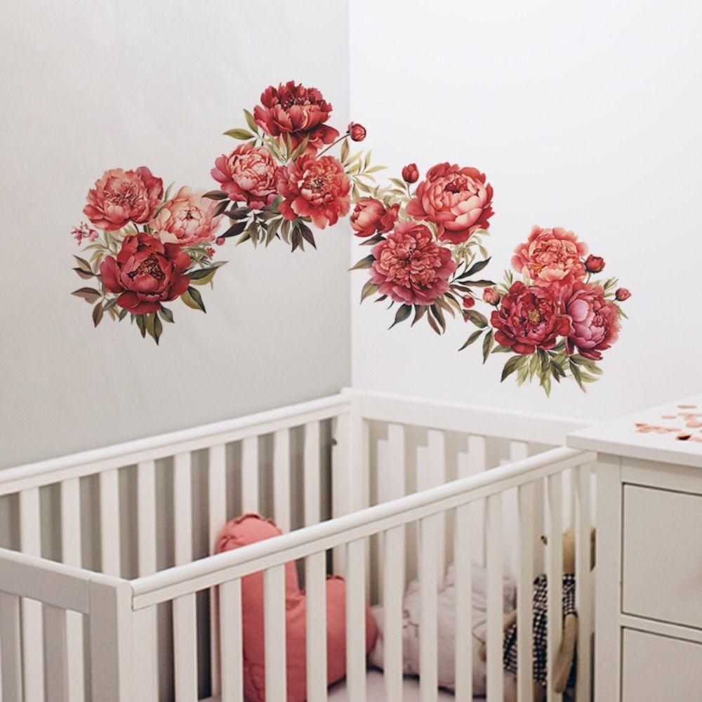 PVC Flower Wall Stickers Removable Red Peony Rose Peel and Stick  Bedroom