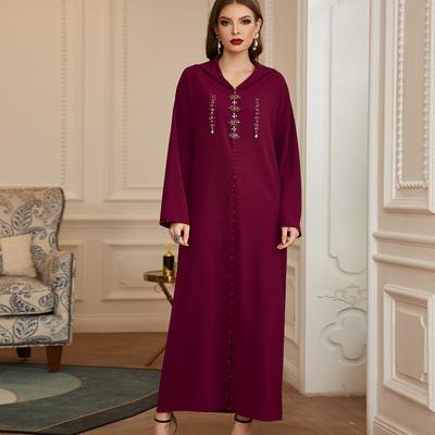 Muslim Women's Dark Red Diamond Ornament Moroccan Style Middle East Hand-sewn Diamond Robe Abaya