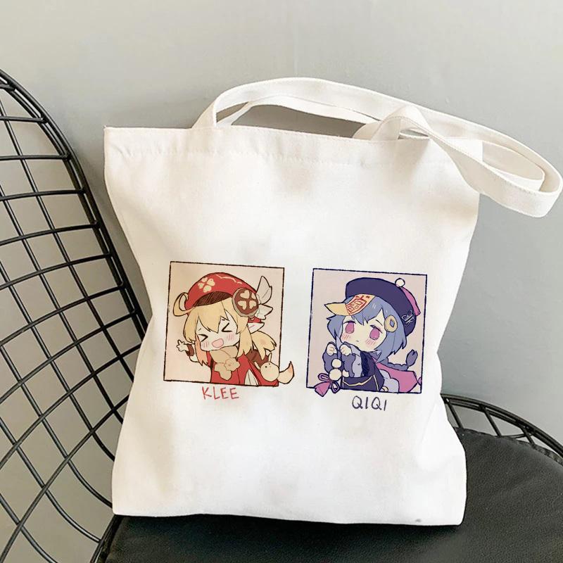 Shopper Genshin Impact Qiqi Anime Shopping Bag Harajuku Canvas Bag Large Capacity Collapsible Kawaii Women Shoulder Bag Handbag