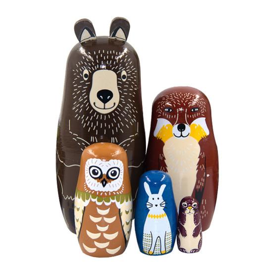 5Pcs/Set Animal Russian Nesting Doll 5 Layers Handmade Wooden Matryoshka Forest Animal Stacking Toy Home Office Desktop Decoration Ornament