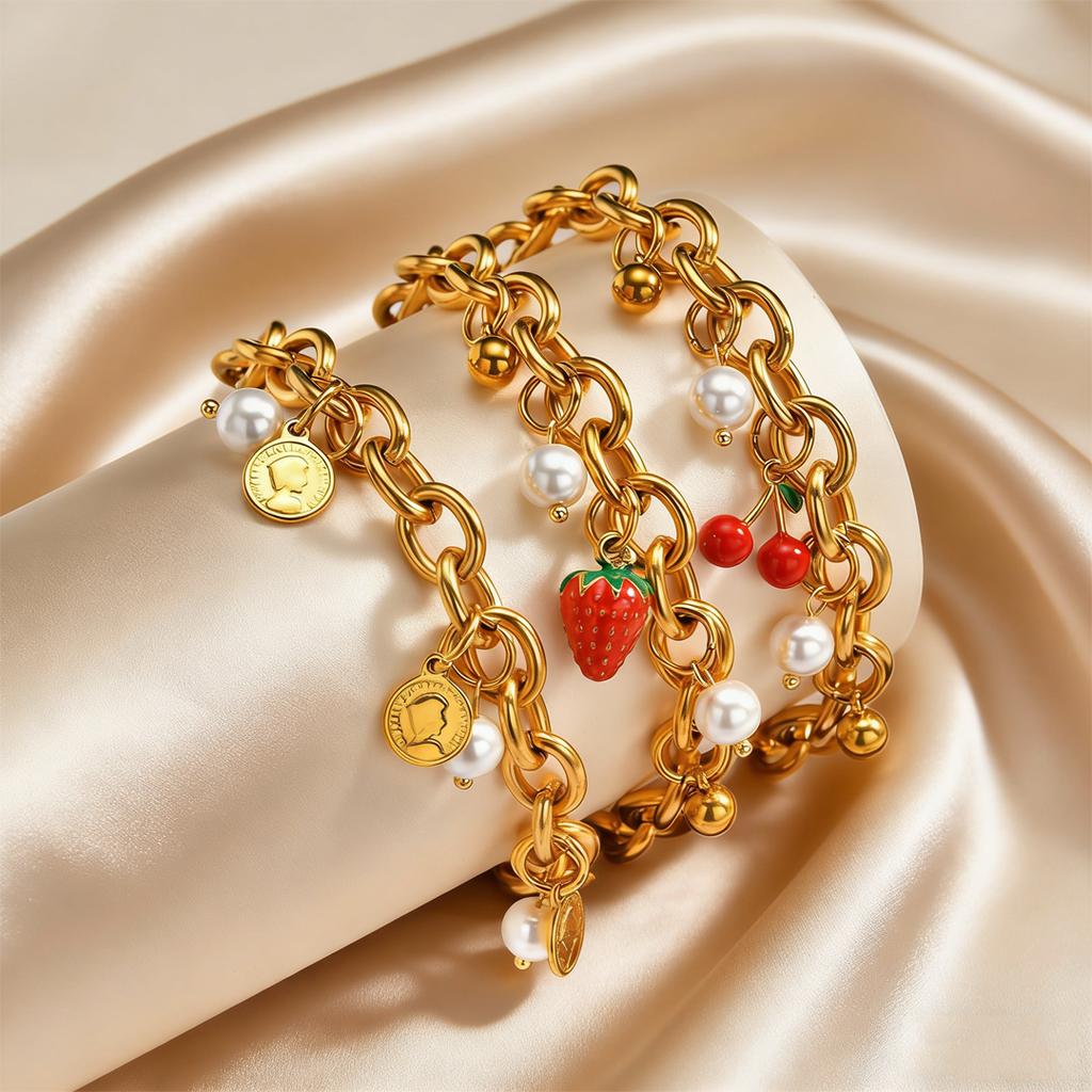 Trendy Sweet Red Cherry Strawberry Bracelet for Women, 18K Gold Plated Stainless Steel Charm Bracelet,No-fading Delicate Jewelry