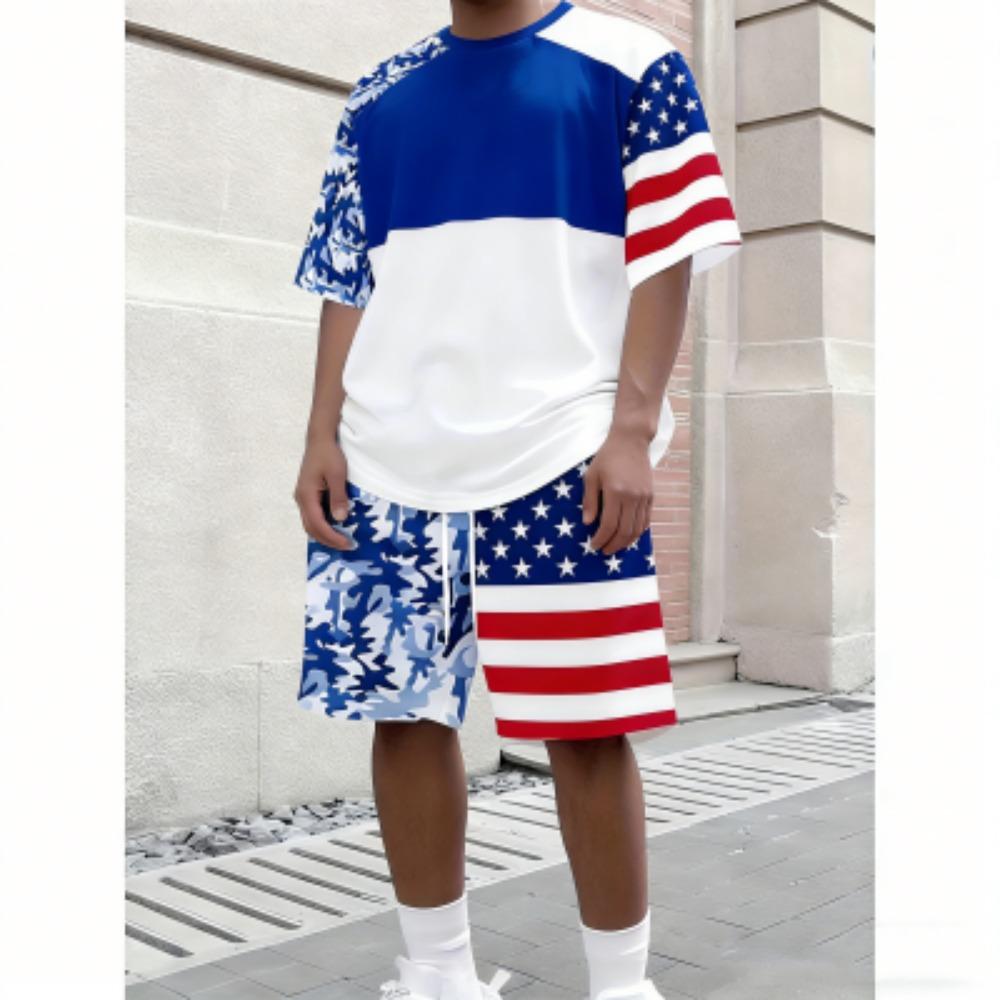 Men's Set Splicing Colors Printed Men's T-shirt and Shorts 2 Piece Set Summer Casual Outdoor Men's and Women's Outfit Clothing