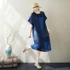 Summer Fat Mm Thin Cotton and Linen Printing Literary Femininity Over the Knee Medium and Long Short-sleeved Dress Women