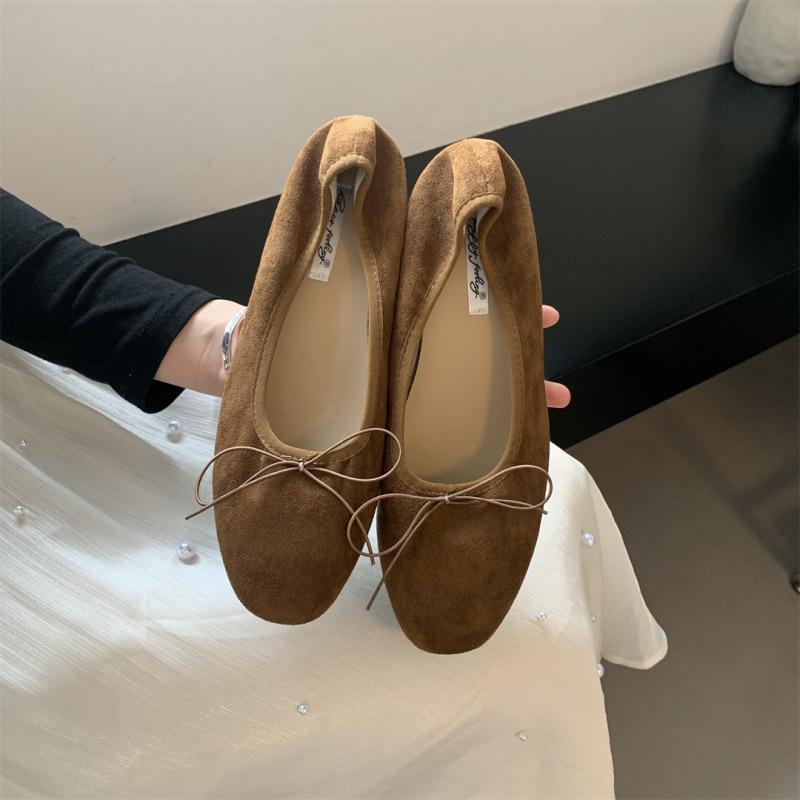 Low heel French small red single shoes women's shoes 2025 spring bow retro with skirt ballet grandma shoes