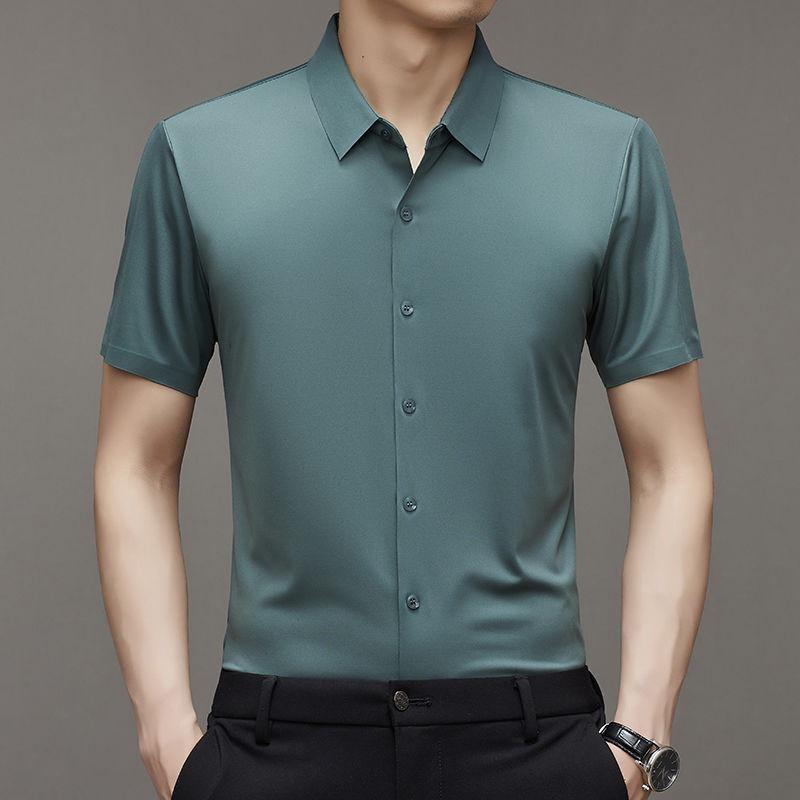 High End Ice Silk Shirts Men Short Sleeve Business Wrinkle Shirt Single Breasted Elastic Tops Luxurious Wedding Clothes