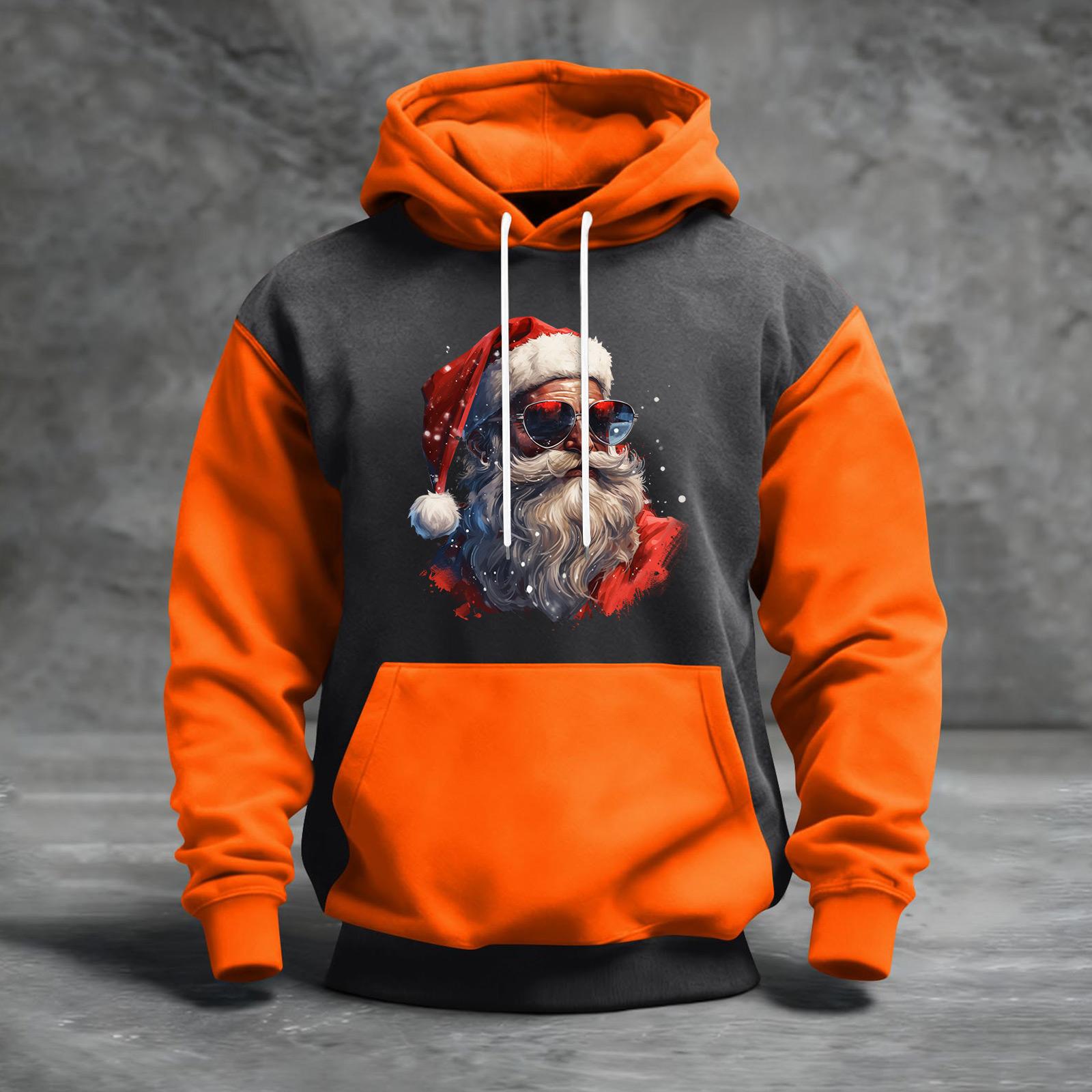 

Мужской рождественский свитшот с капюшоном, повседневный, спортивный, удобный, с цветными блоками и принтом XXL шафрановый