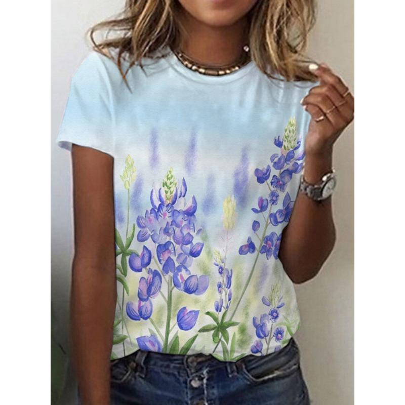 Summer Round Neck 3D Flower Print Top Fashionable Casual Short Sleeved Women's T-shirts