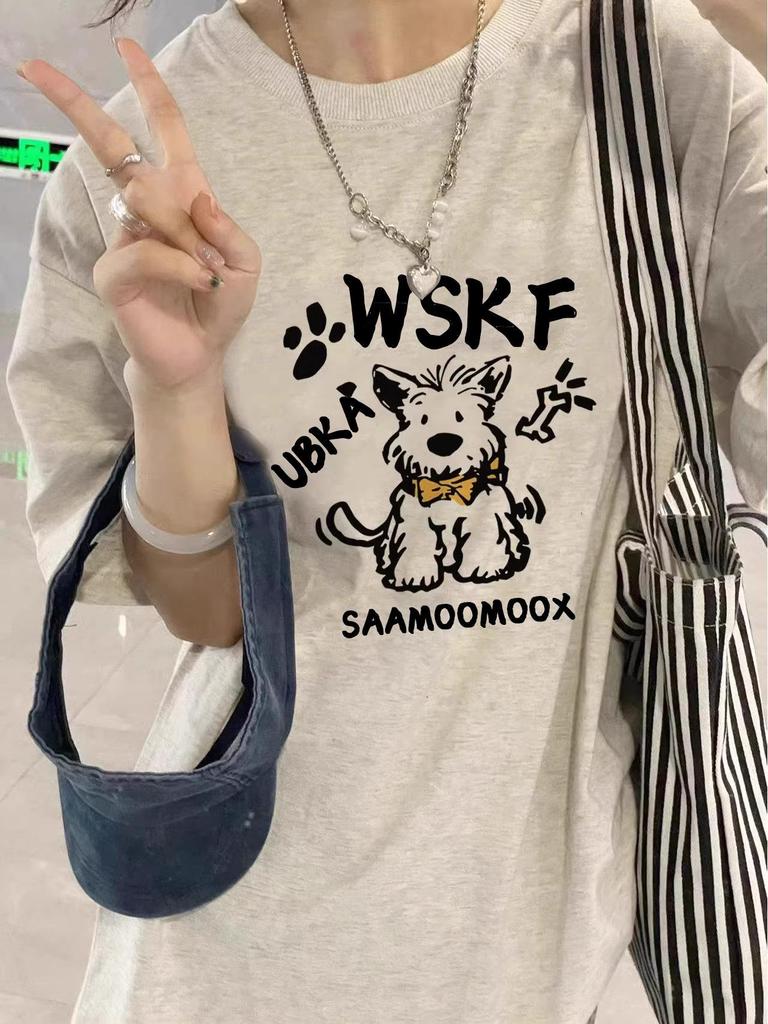 Damski T-shirt z ciężkiej bawełny z nadrukiem retro szczeniaczka, Kolekcja Lato 2025, Luźny krój, Krótki rękaw.