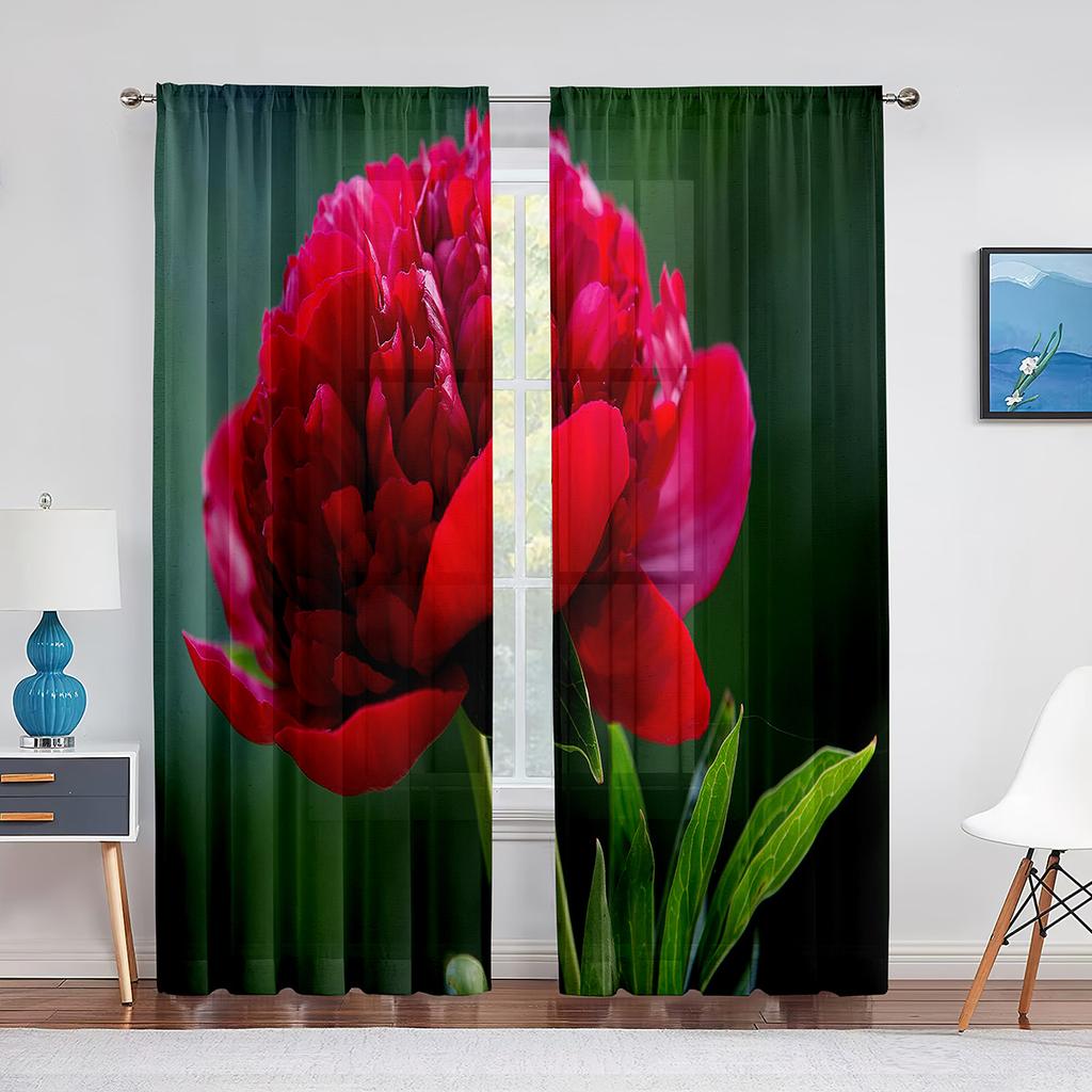 Tüllvorhänge mit rosa Pfingstrose und grünen Blättern für Wohnzimmer, Heimdekoration, Fenstervorhang, Küche, transparenter Voile-Vorhang