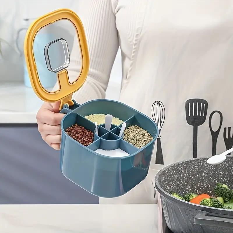Sada kulatých plastových dóz na koření 4 v 1 s integrovanými lžícemi, nádobami na sůl, pepř a koření pro organizér na kuchyňskou desku