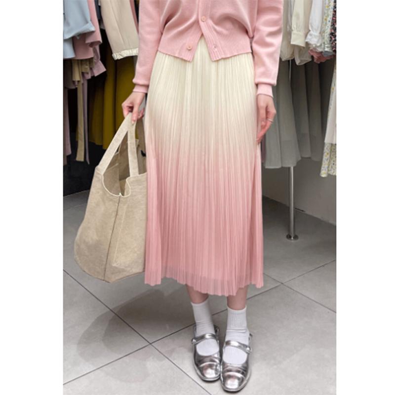 Qooth Falda Midi plisada con gradiente de cintura elástica para mujer falda elegante Reversible de corte a para verano primavera QT2102