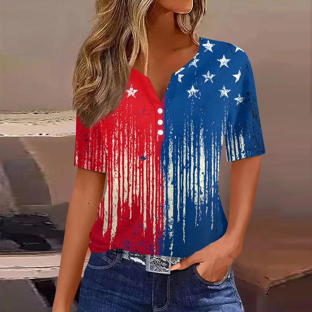 Women's T Shirt Independence Day Print Button Short Sleeve Daily Weekend Fashion Basic V- Neck Regular Top